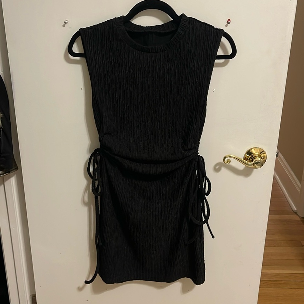 cinched waist black mini dress